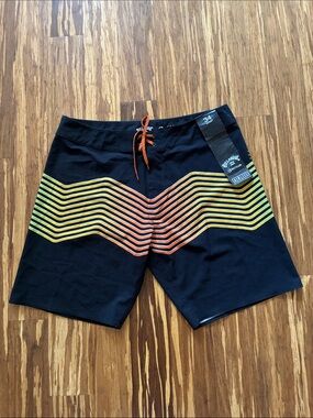 Billabong Black Board Shorts with Orange and Yellow Chevron Stripes